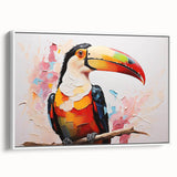 Framed canvas artwork showcasing a vibrant tropical bird design, featuring colorful parrots and foliage against a white background, ideal for modern home decor.