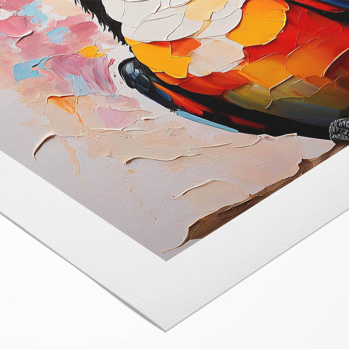 Vibrant rolled canvas artwork showcasing a tropical birds design with intricate details and vivid colors, perfect for enhancing any living space.