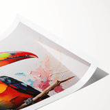 Tropical birds wall art print showcasing vibrant colors and intricate details, rolled and ready for display, perfect for enhancing home decor.