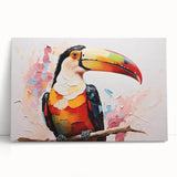 Tropical bird-themed stretched canvas wall art showcasing vibrant colors and intricate details. Perfect for adding a lively touch to any interior decor.