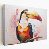 Vibrant tropical birds wall art design on stretched canvas, showcasing vivid colors and intricate details, perfect for enhancing any living space or office decor.