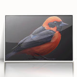 Framed wall art featuring a vibrant tropical bird design, displayed in a sleek white frame, perfect for enhancing modern home decor with a touch of nature.