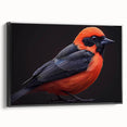 Framed canvas wall art featuring a vibrant tropical birds design in vivid colors, displayed in a black frame with a side view showcasing its elegant styling.
