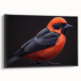 Framed canvas wall art featuring a vibrant tropical birds design in vivid colors, displayed in a black frame with a side view showcasing its elegant styling.