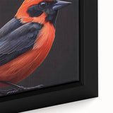 Close-up of a framed canvas wall art piece showcasing vibrant tropical birds in a lush, colorful design, perfect for adding a lively touch to home decor.