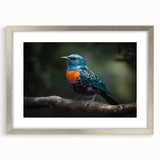Framed wall art featuring vibrant tropical birds in a colorful design, set in a silver frame with a mat, perfect for enhancing modern home decor.