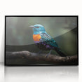 Framed acrylic wall art featuring a vibrant tropical bird design, showcasing a black frame and clear front view, perfect for enhancing modern home decor.