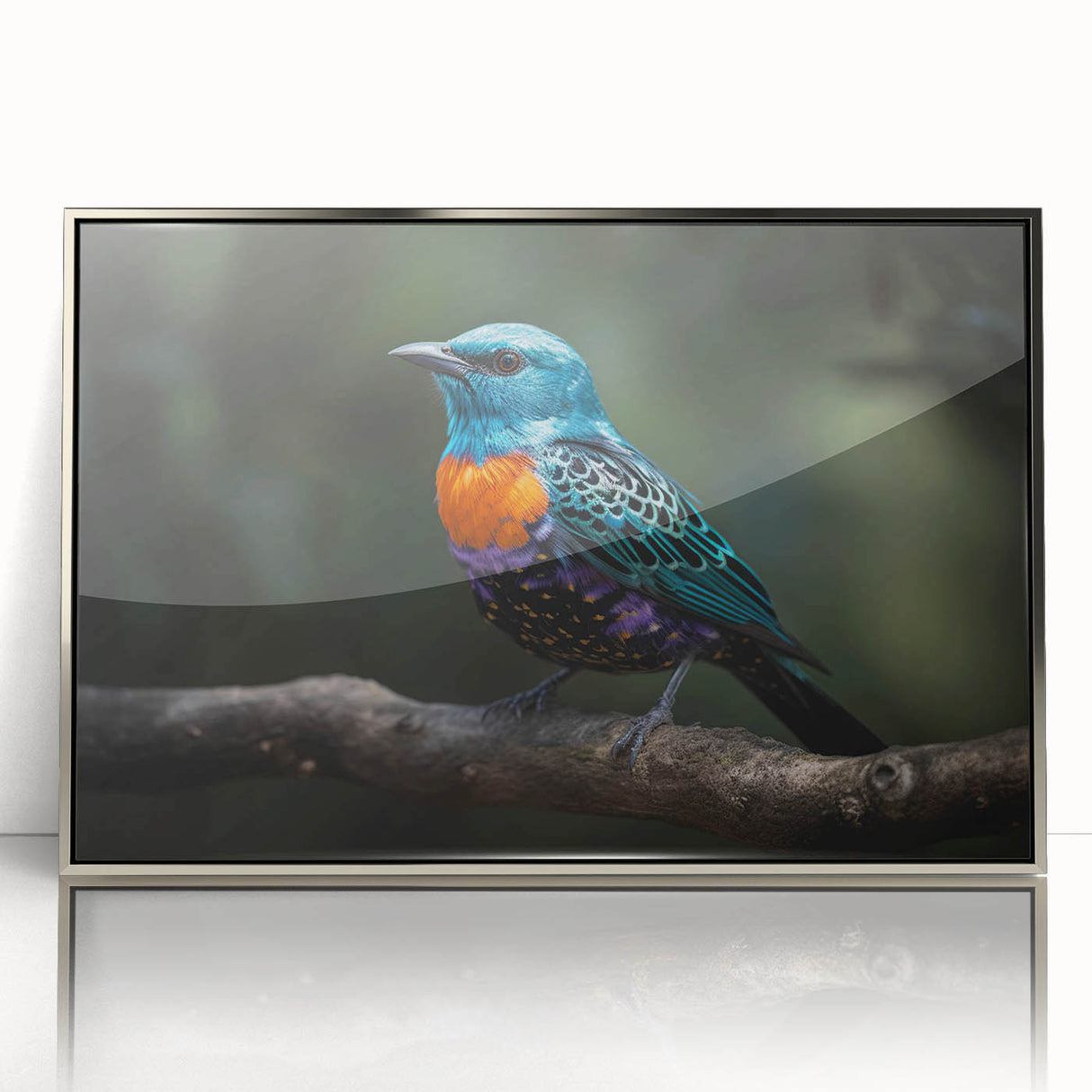 Framed acrylic wall art showcasing a vibrant tropical birds design, featuring a silver frame that enhances the colorful details, perfect for home decor.