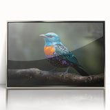 Framed acrylic wall art showcasing a vibrant tropical birds design, featuring a silver frame that enhances the colorful details, perfect for home decor.