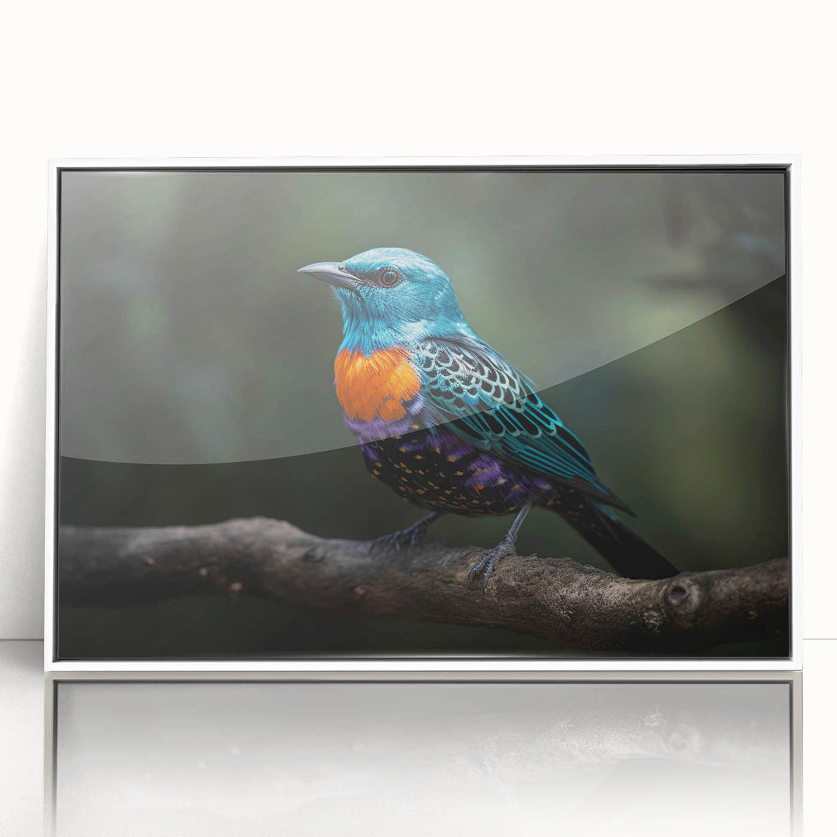 Framed acrylic wall art showcasing a vibrant tropical bird design against a white background, ideal for brightening up home decor and enhancing visual appeal.