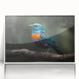 Framed acrylic wall art showcasing a vibrant tropical bird design against a white background, ideal for brightening up home decor and enhancing visual appeal.