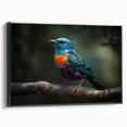 Framed canvas wall art showcasing a vibrant tropical bird design with a black frame, adding a lively touch to modern decor. Ideal for nature enthusiasts and interior design lovers.