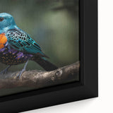 Close-up of a vibrant tropical birds wall art collection, showcasing intricate details and bright colors on a framed canvas, perfect for enhancing home decor.