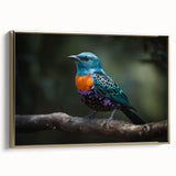 Tropical birds wall art collection featuring vibrant colors in a gold-framed canvas. The design showcases exotic birds perched among lush green foliage, perfect for enhancing home decor.