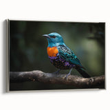 Framed canvas wall art showcasing a vibrant tropical birds design, featuring lush colors and intricate details, elegantly displayed in a silver frame for a modern touch.
