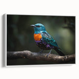 Framed canvas wall art showcasing a vibrant tropical bird design in a white frame, adding a lively touch to home decor. Ideal for nature enthusiasts and art lovers.