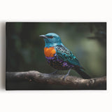 Vibrant tropical birds art print on stretched canvas, showcasing colorful parakeets and lush foliage, perfect for adding a lively accent to home decor.