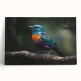 Tropical birds wall art collection in vibrant colors, showcasing a variety of exotic birds perched among lush foliage on a stretched canvas, ideal for brightening any space.