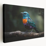 Vibrant tropical bird wall art on stretched canvas, showcasing colorful parakeets and exotic foliage, ideal for enhancing home decor with a lively atmosphere.
