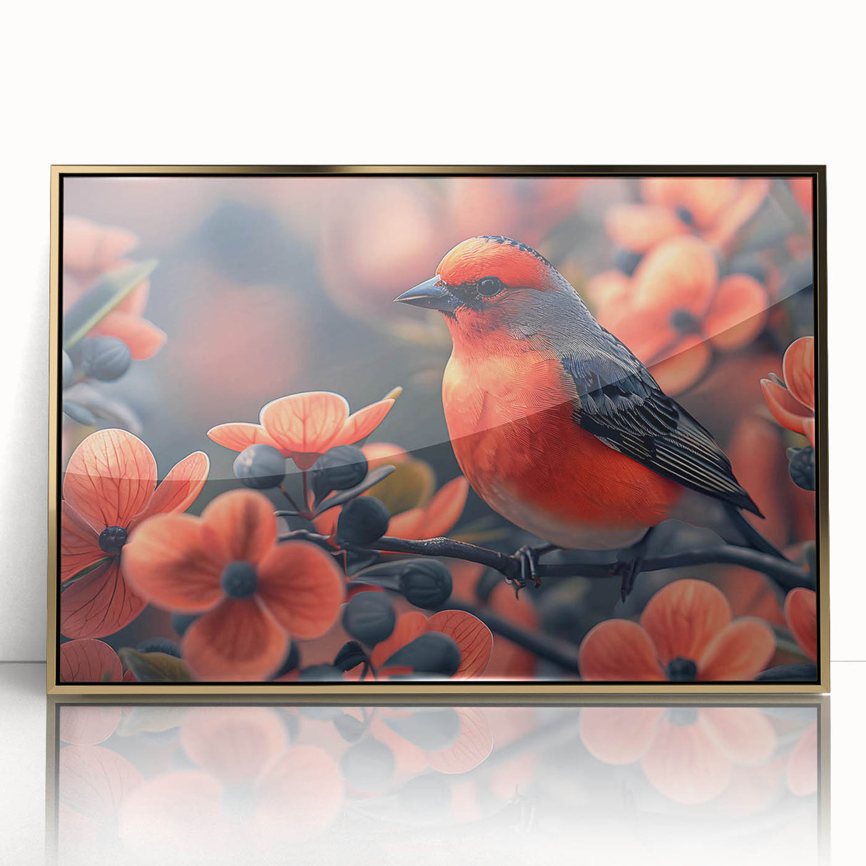 Framed acrylic wall art featuring a vibrant tropical bird design with gold accents, ideal for enhancing home decor. Perfect for nature lovers and art enthusiasts.