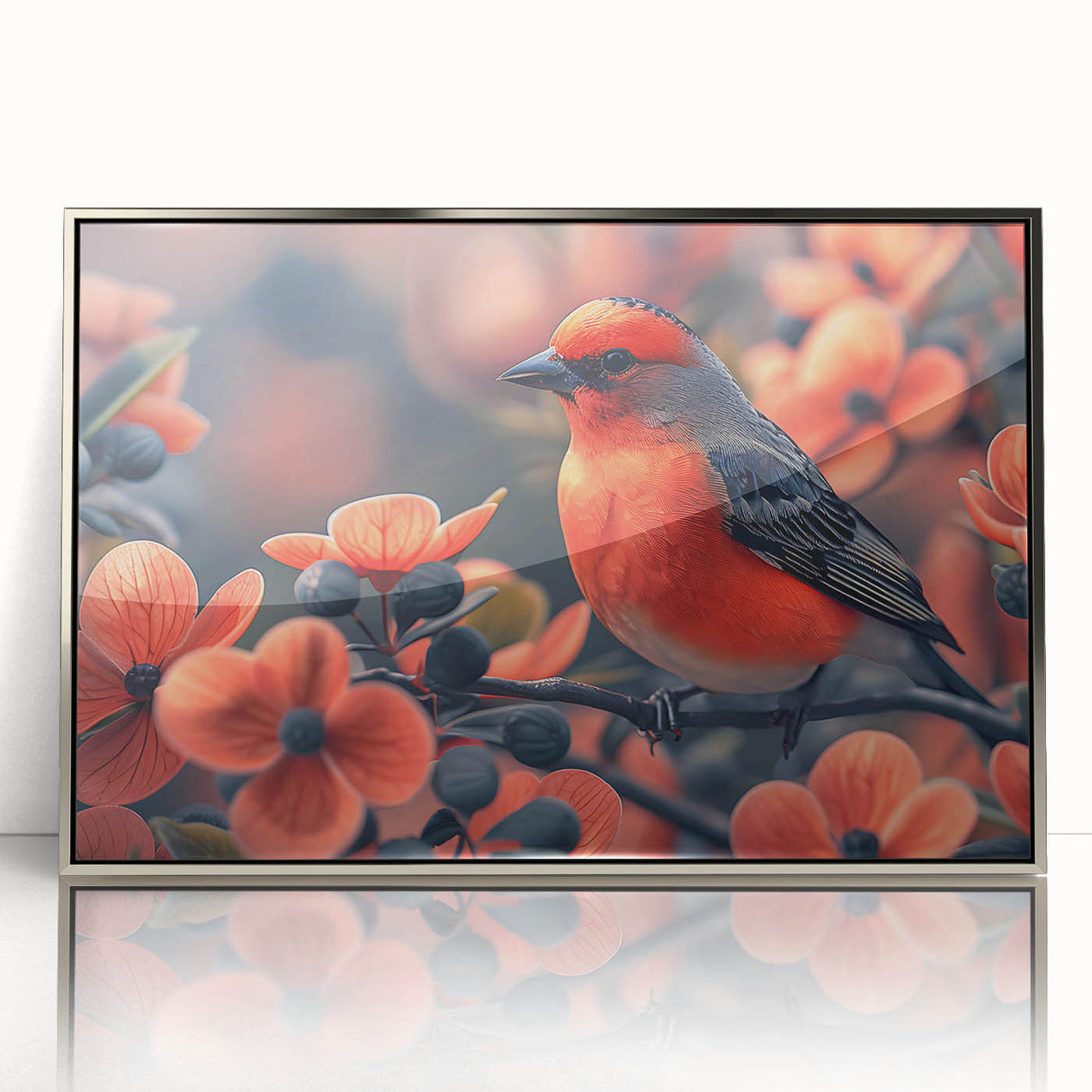 Framed tropical bird wall art featuring vibrant colors and intricate designs, displayed in a sleek silver frame, ideal for enhancing modern home decor.