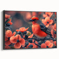 Framed wall art showcasing a vibrant tropical bird design on a black canvas, highlighting colorful plumage and intricate details, perfect for nature lovers’ decor.
