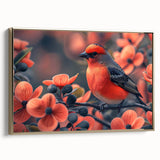 Framed canvas wall art showcasing a vibrant tropical bird design with golden accents, ideal for adding a touch of nature-inspired elegance to home decor.