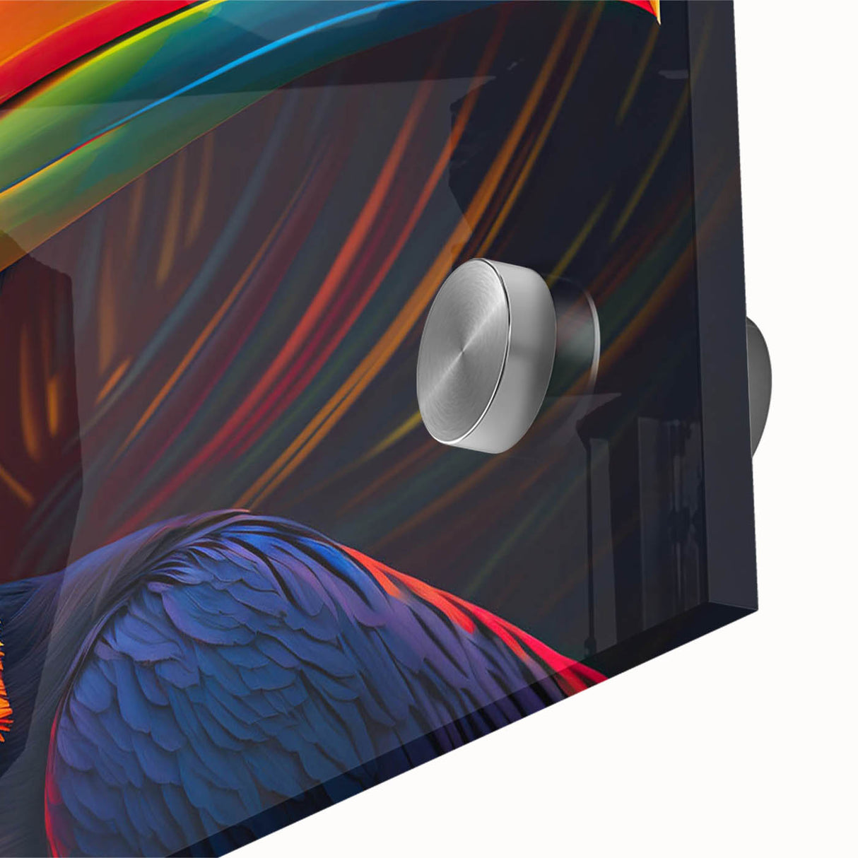 Vibrant close-up of a tropical birds wall art design featuring lush colors and intricate details, printed on acrylic glass for a modern décor statement. Ideal for nature lovers and home decorators seeking a lively, artistic touch.