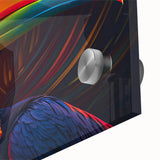 Vibrant close-up of a tropical birds wall art design featuring lush colors and intricate details, printed on acrylic glass for a modern décor statement. Ideal for nature lovers and home decorators seeking a lively, artistic touch.