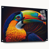 Tropical birds wall art collection displayed in acrylic glass, showcasing vibrant colors and detailed designs, ideal for nature-themed decor.