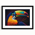 Tropical birds wall art collection featuring vibrant colors and intricate designs, framed in a sleek black mat for an elegant presentation, perfect for enhancing any decor.