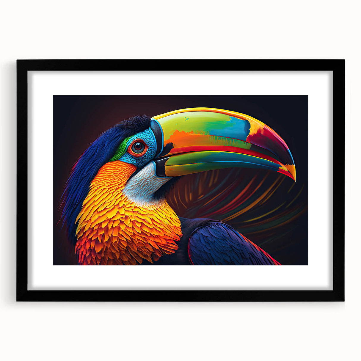 Tropical birds wall art collection featuring vibrant colors and intricate designs, framed in a sleek black mat for an elegant presentation, perfect for enhancing any decor.