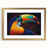 Tropical wall art collection featuring colorful birds in a gold frame with matting, ideal for enhancing home decor with a vibrant, natural aesthetic.