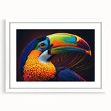 Tropical birds wall art collection framed with a white mat, showcasing vibrant colors and intricate details, perfect for enhancing modern decor aesthetics.