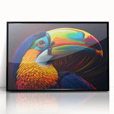 Framed wall art featuring a tropical bird design with vibrant colors, displayed in a sleek black frame, ideal for enhancing home decor with a nature-inspired theme.