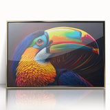 Framed tropical bird wall art collection featuring vibrant colors and intricate designs, displayed with a sleek gold frame, ideal for enhancing modern interiors.