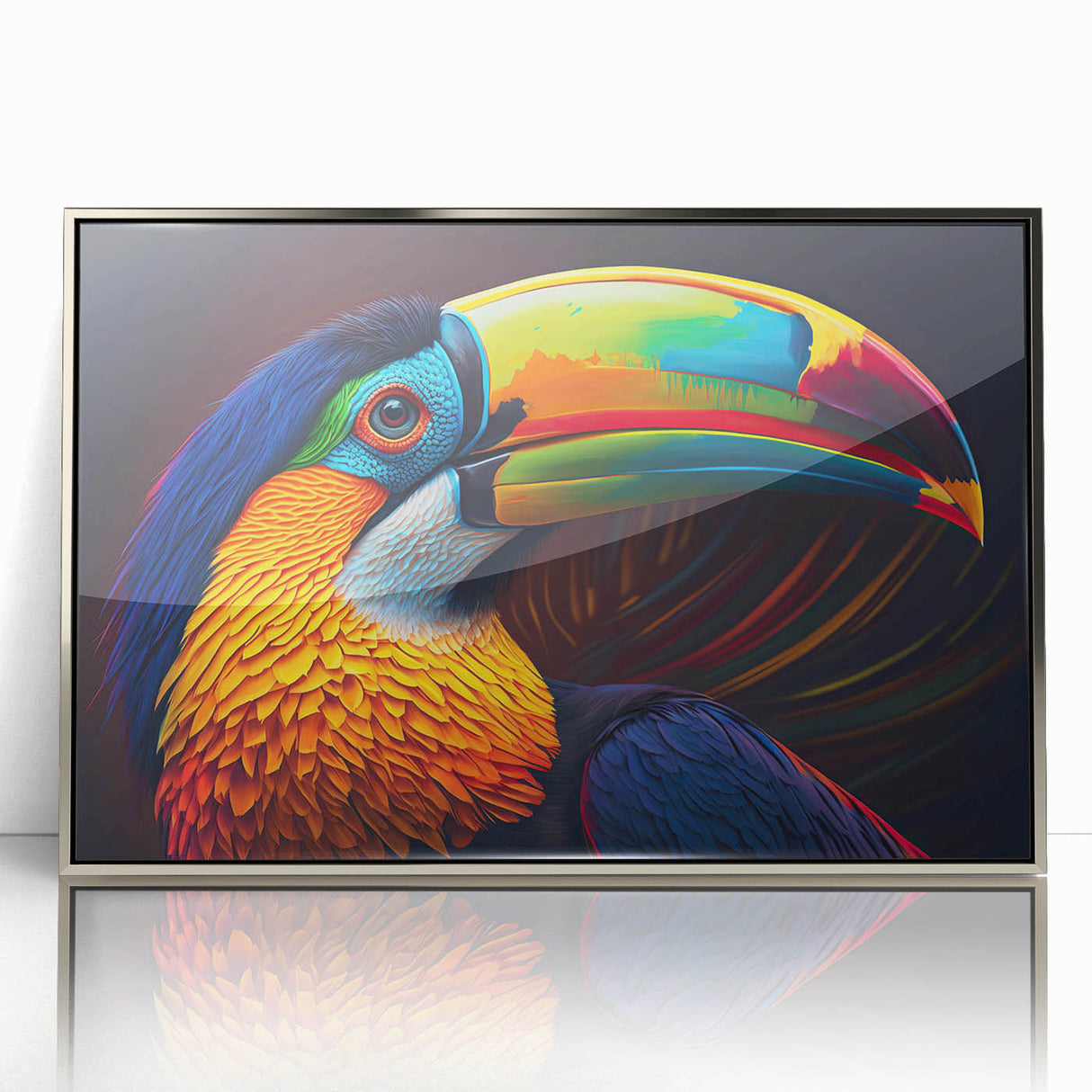 Framed wall art featuring a vibrant tropical bird design, showcasing colorful feathers and intricate details, set in an elegant silver frame for modern decor.