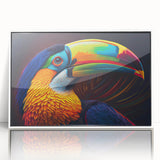 Framed acrylic wall art featuring a vibrant tropical birds design, showcasing lush colors and intricate details, ideal for enhancing modern decor.