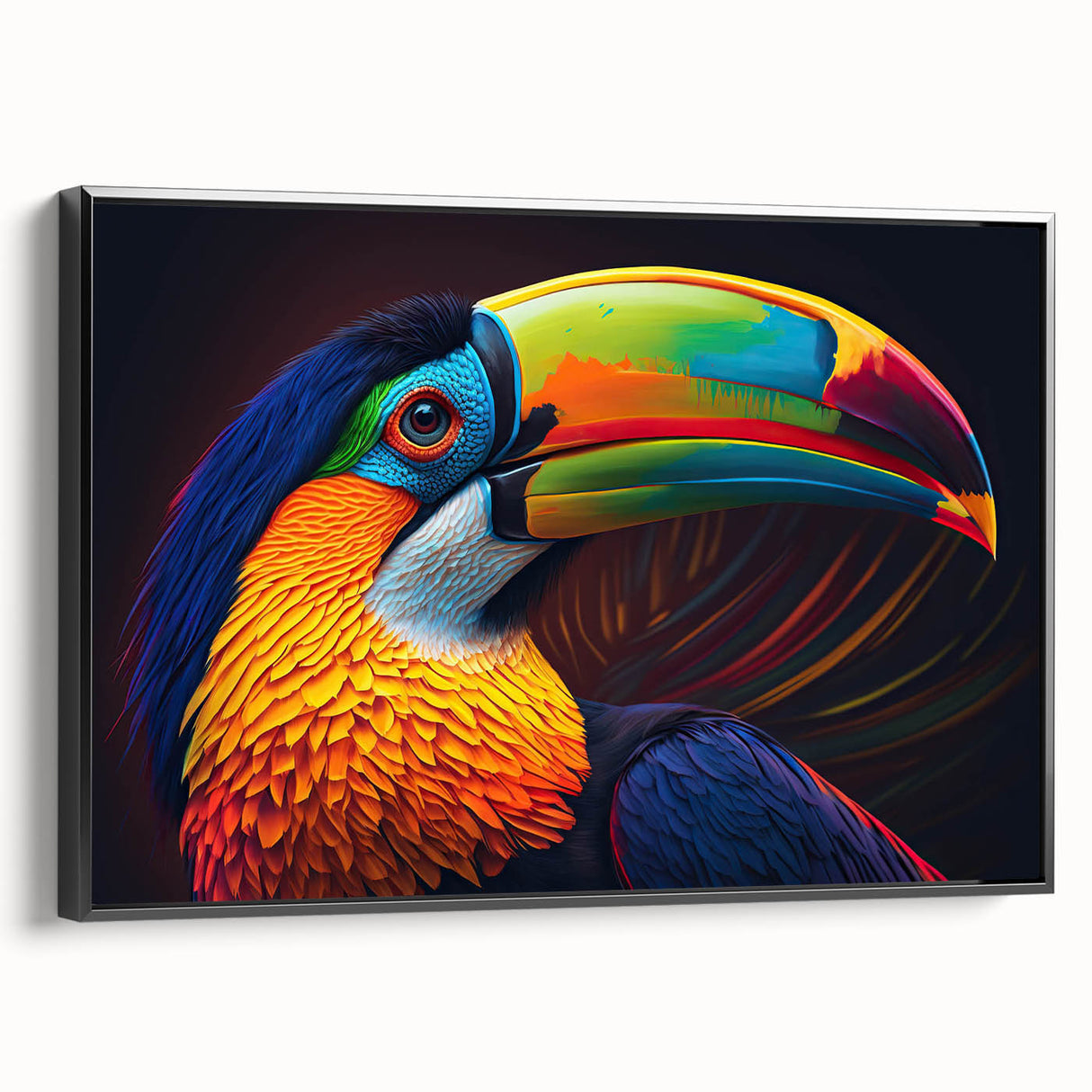 Framed canvas wall art featuring a vibrant tropical bird design, showcasing vivid colors and intricate details, displayed in a sleek black frame from a side view.