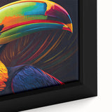 Vibrant close-up of a framed canvas depicting a tropical bird design, showcasing rich colors and intricate details, perfect for enhancing home decor with nature-inspired art.
