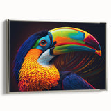 Framed canvas wall art showcasing a vibrant tropical bird design with intricate details and a silver frame, ideal for enhancing home decor.