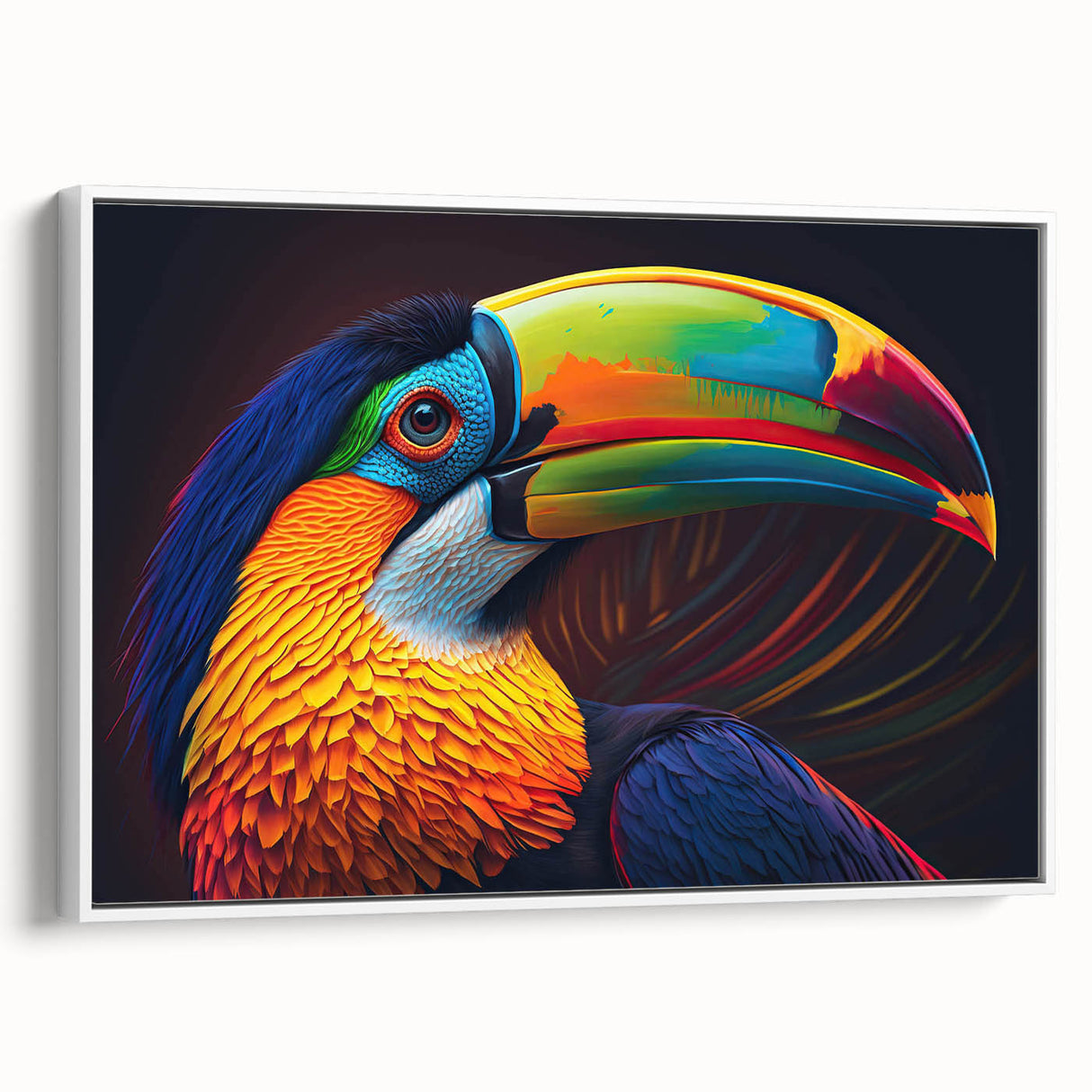 Framed canvas wall art showcasing a vibrant tropical bird design, featuring a white frame and side view display, perfect for home decor enhancement.