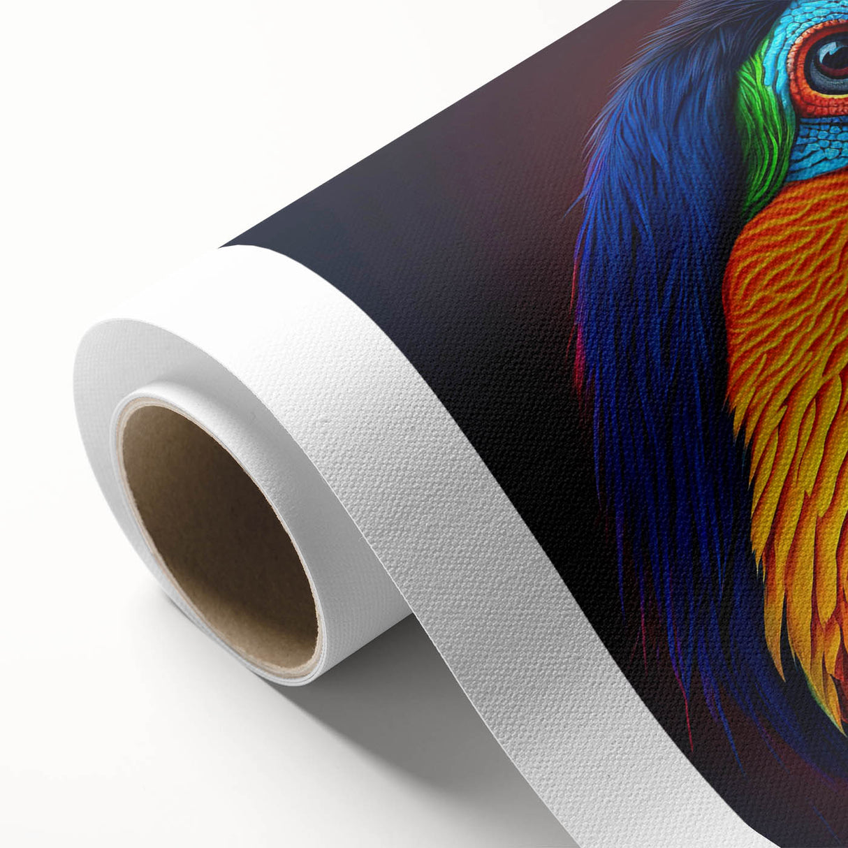Vibrant rolled canvas showcasing a tropical bird wall art design, featuring lush greens and vivid colors, ideal for home decor enthusiasts. Perfect for brightening up living spaces with a touch of nature-inspired elegance.