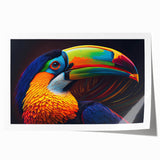 Vibrant tropical bird wall art print showcasing a colorful array of exotic birds among lush foliage, ideal for enhancing home decor or office spaces.