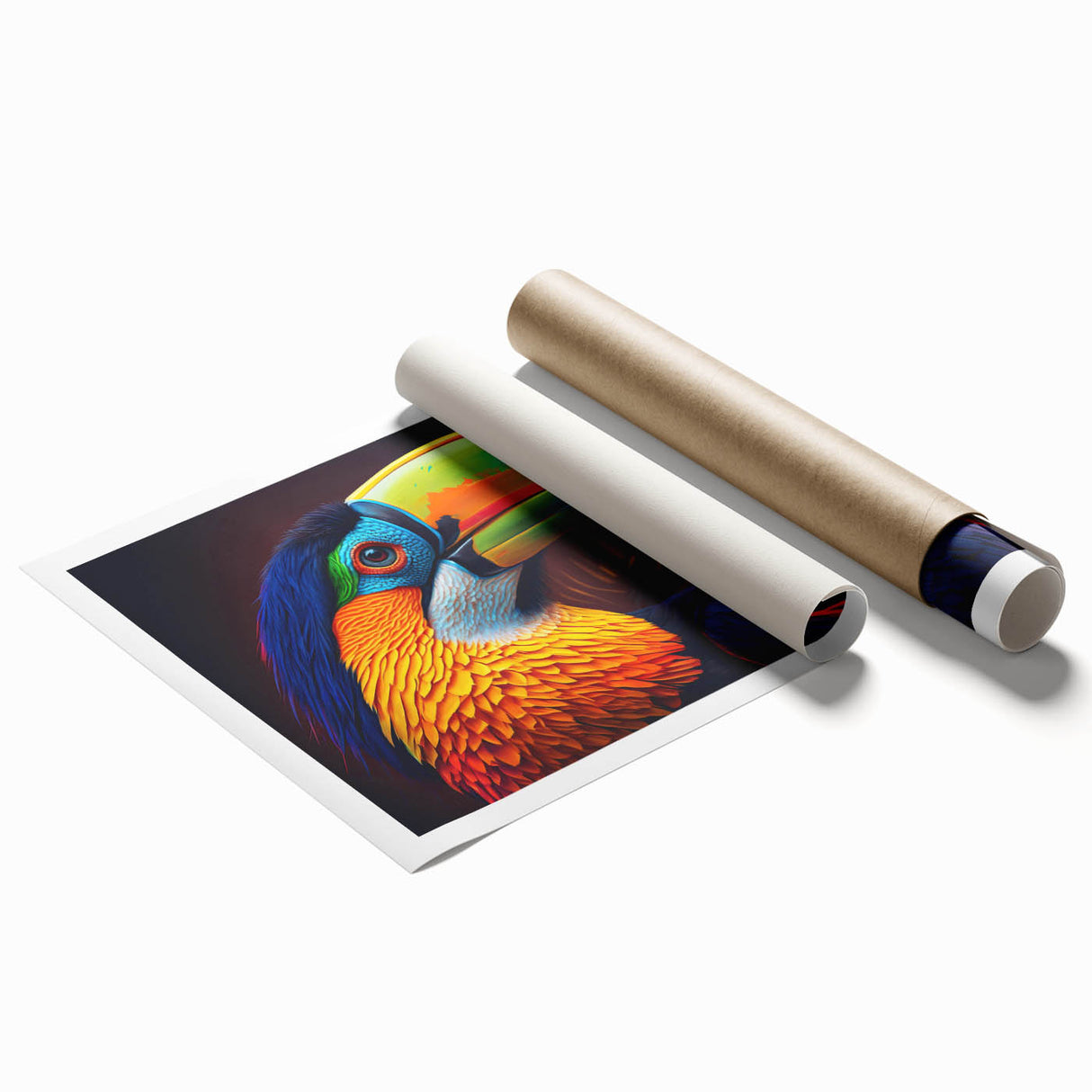 Tropical bird wall art print showcasing vibrant colors and intricate designs, rolled and ready for framing. Ideal for adding a lively touch to home decor.