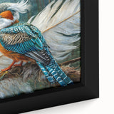 Close-up of a vibrant tropical bird wall art piece, featuring intricate details and bold colors, framed for an elegant display in home decor. Perfect for nature enthusiasts and art collectors.