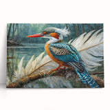 Vibrant tropical bird wall art in a stretched canvas format, showcasing colorful parakeets and foliage, perfect for adding a lively touch to home decor.