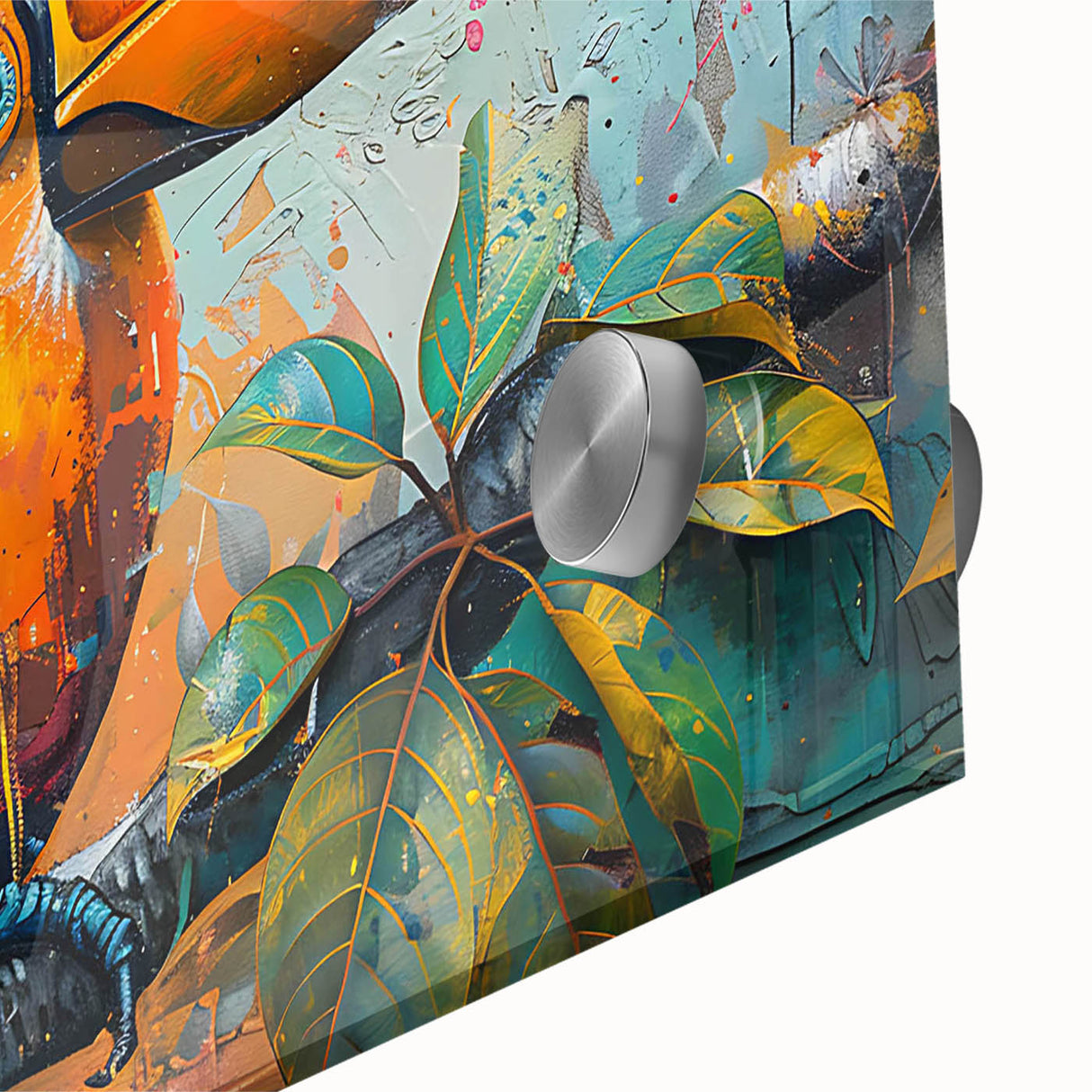 Vibrant close-up of a tropical bird-themed wall art piece featuring intricate details and vivid colors, set against a sleek acrylic glass background, ideal for home decor.