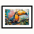 Tropical birds wall art collection displayed in a black frame, featuring vibrant colors and intricate designs, perfect for enhancing home decor and inviting nature indoors.