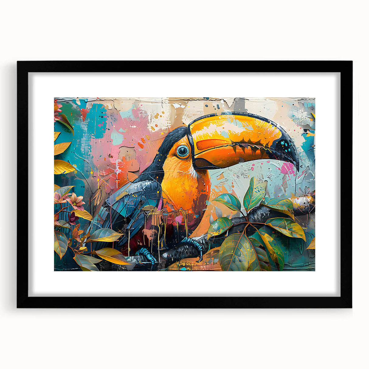 Tropical birds wall art collection displayed in a black frame, featuring vibrant colors and intricate designs, perfect for enhancing home decor and inviting nature indoors.
